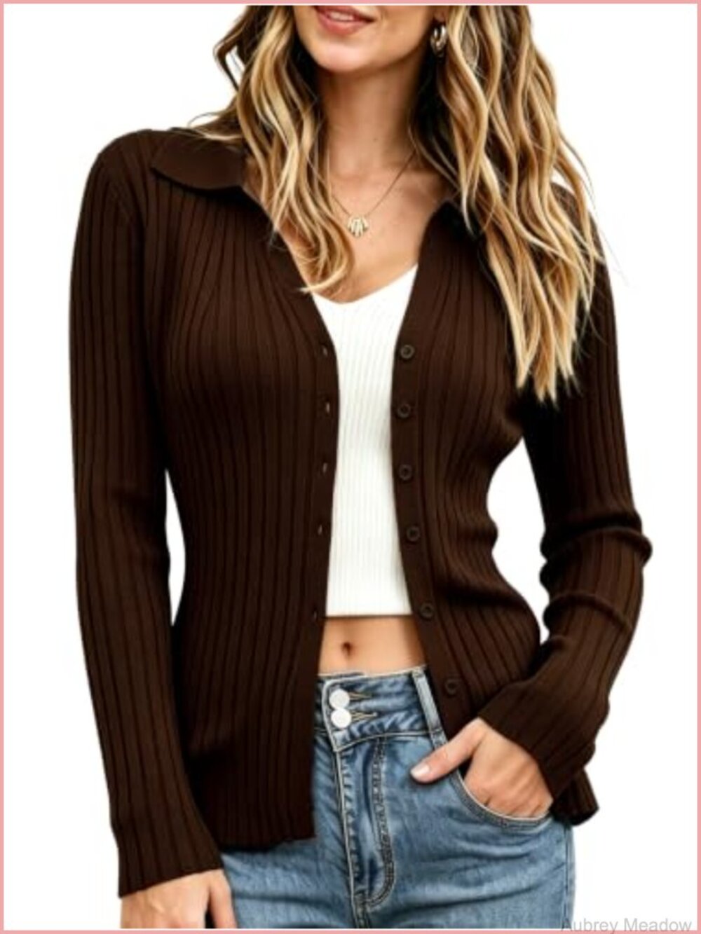 Knit Collared Button Up Sweater Cardigan Cinched Waist